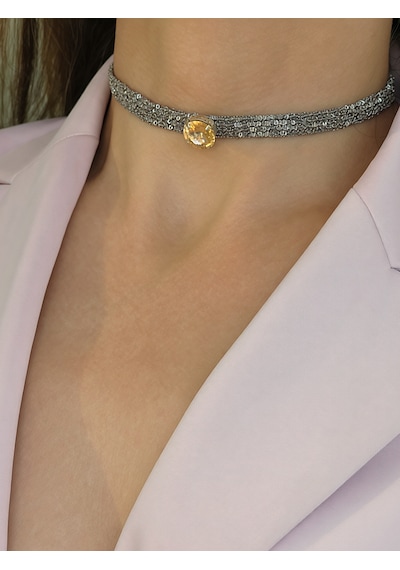 Kordon Zincir Örme Kristal Taşlı El Yapımı Choker Tasma Sarı Silver Renk Kolye