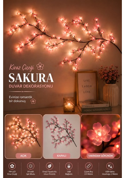 Kiraz Çiçeği Sakura Led Duvar Dekoru 144 Led Ağaç Dalı Işık, 8 Mod, Kumandalı Pembe