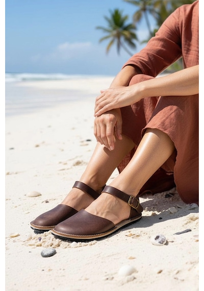 Bodhi Handcraft Kadın Barefoot Hakiki Deri Minimalist Günlük Sandalet El İmalatı Koyu Kahverengi