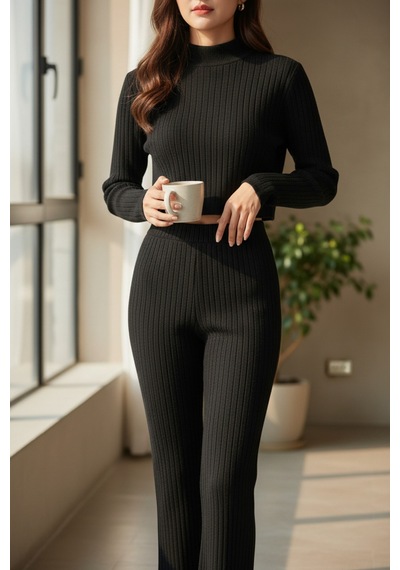 Angbutik Kadın Siyah Fitilli Eşofman Takımı Crop Uzun Kollu Üst & Paça Pantolon, Şık Günlük Set