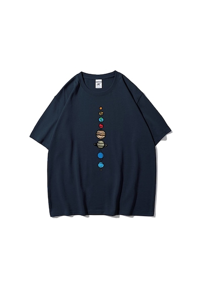 Flood Of Style Unisex Lacivert 9 Gezegen Baskılı Oversize Bisiklet Yaka Tshirt