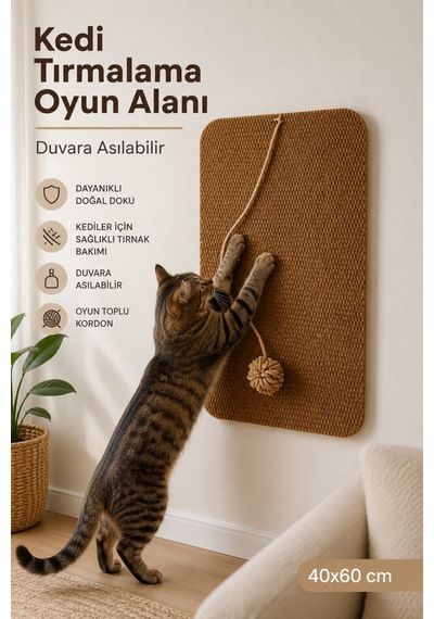 Duvara Yapışan Oyuncaklı Kedi Tırmalama Halısı Ve Oyun Alanı 40x60 Cm