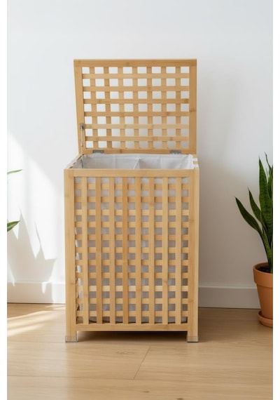Digithome Bambu Bölmeli Çamaşır Sepeti 62x45 Cm Kulplu Taşınabilir Bezli Kahverengi
