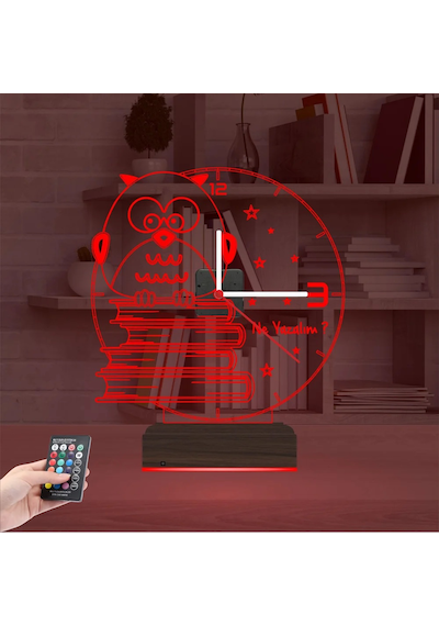 Luvivia Baykuş Kitap Öğretmene Hediye Kişiye Özel Saatli 3d Lamba - Masa Gece Lambası