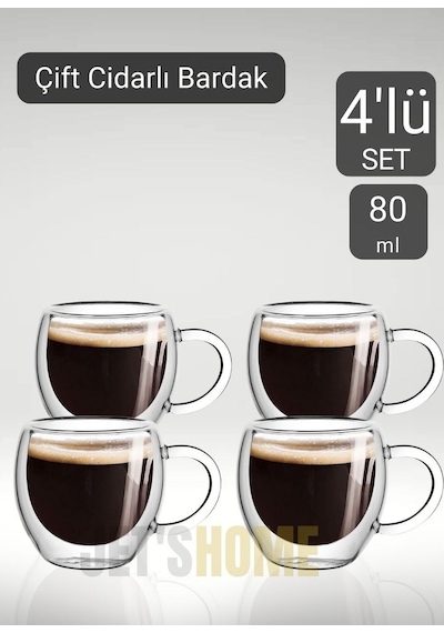 4 Lü Set Kulplu Espresso Bardağı Doppio Ristretto Bardağı Çift Cidarlı Türk Kahvesi Bardak 80 Ml Şeffaf
