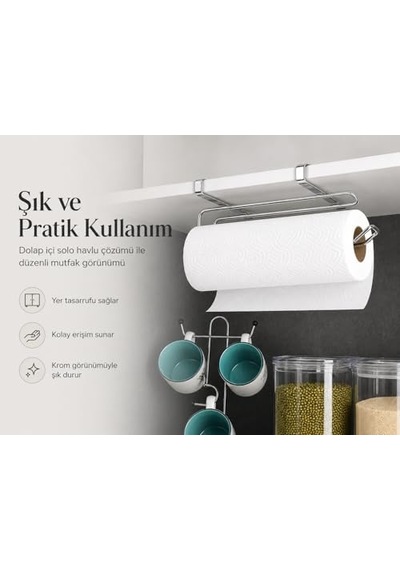 Alper Banyo Pratik Solo Kağıt Havluluk Krom, Dolap İçi Askılı Kağıt Havlu Tutucu, Delmeden Montajlı Mutfak Rulo Havluluk, Paslanmaya Dayanıklı Metal Tasarım 4 Renk
