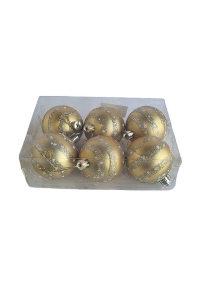6'lı Paket Yılbaşı Ağacı Top Süsü 6 Cm - Simli Ve Parlak Gold Altın Lüks Çam Ağacı Dekorasyonu Seti Pvc Kutulu