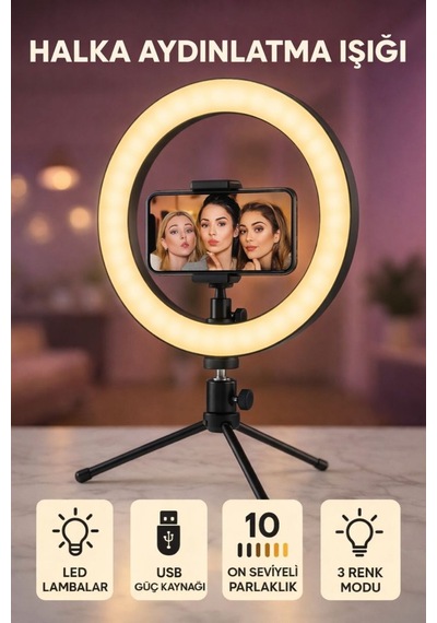 Tripodlu Led Ring Light Halka Aydınlatma Telefon Tutuculu, 3 Renk Modu, 10 Seviye Parlaklık