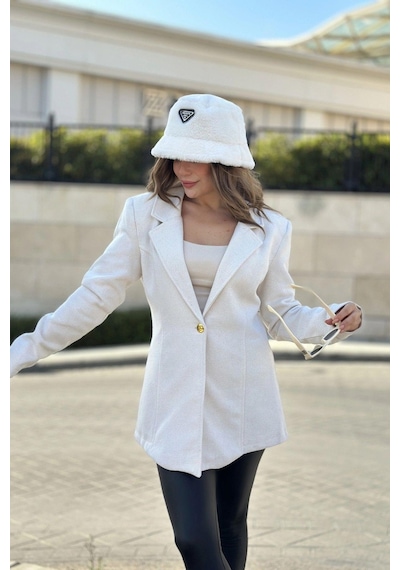 Kadın Beyaz Astarlı, Tek Düğme, Vucüda Oturan Kalıp, Fitilli Kaşe Kumaş Blazer Ceket Beyaz