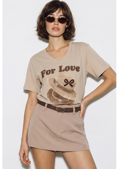 Kadın V Yaka For Love Nakış Ve Boncuk İşlemeli Oversize T-shirt 2240 60286329 - Bej