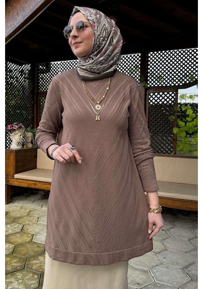 Rabia Şamlı Damla Triko Tunik Sütlü Kahve Çok Renkli