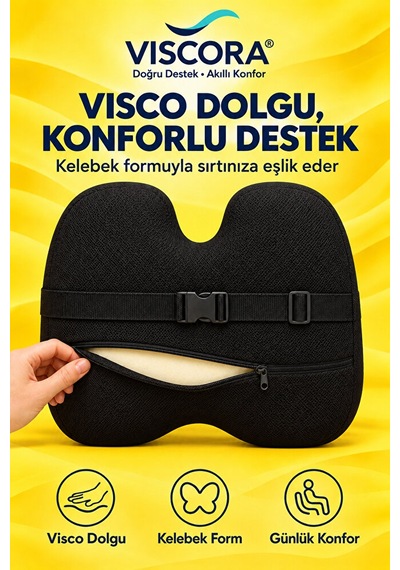 Araba Sırt Minderi Ofis Koltuğu Ve Ev İçin Visco Kelebek Klipsli Bel Destek Yastığı Siyah
