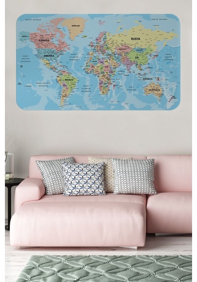 Türkçe Eğitici Ülke Ve Başkent Okyanus Detaylı Atlası Dünya Haritası Duvar Sticker -85x130-3869 Çok Renkli