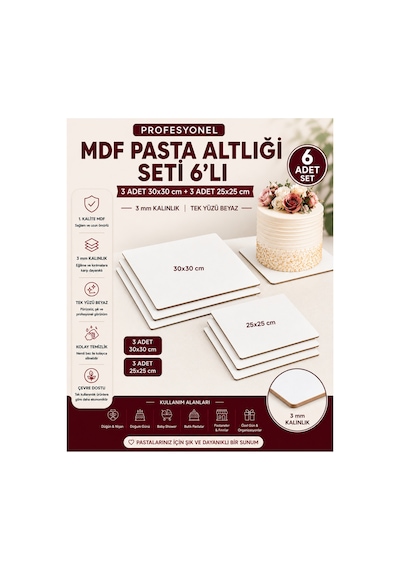 Profesyonel Mdf Pasta Altlığı Seti 6'lı 3 Adet 30x30 Cm + 3 Adet 25x25 Cm 3 Mm Tek Yüzü Beyaz Premium Pasta Sunum Altlığı Beyaz / Kahverengi