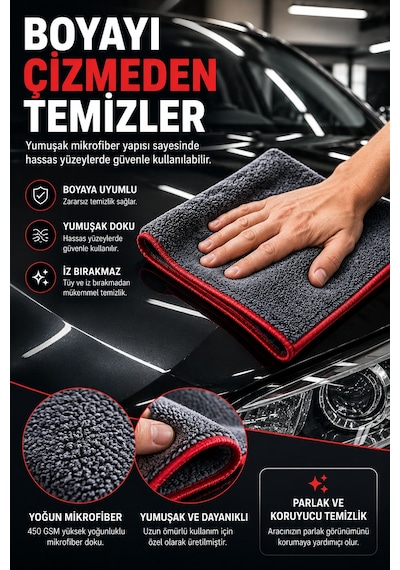 450 Gsm Oto Araç Kurulama Bezi Mikrofiber Oto Yıkama Temizlik Bezi Tüy Bırakmaz Gri 50x70 Cm