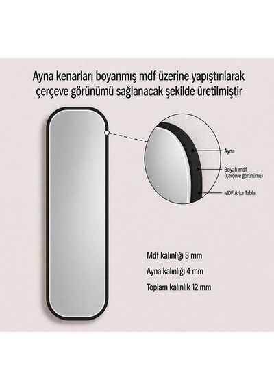 Modern Oval Boy Aynası 40x120 Cm Yuvarlak Hatlı Minimalist Dekoratif Duvar Aynası 2026 Trend Siyah