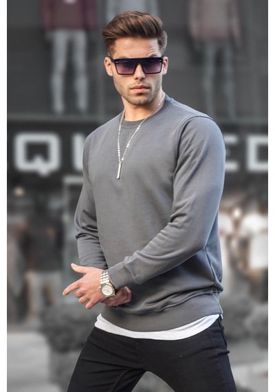 Madmext Füme Basic Bisiklet Yaka Erkek Sweatshirt 6047 Füme