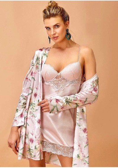Moon Wear 5352 Kadın Gecelik&sabahlık Takımı Pudra