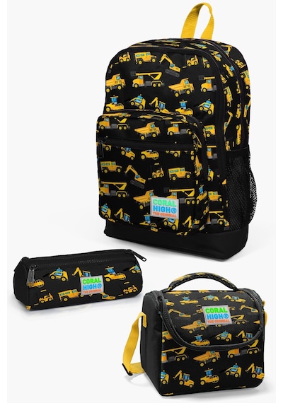 Coral High Kids Siyah Sarı İş Makinesi Desenli 3 Lü Okul Çanta Seti Set0123475