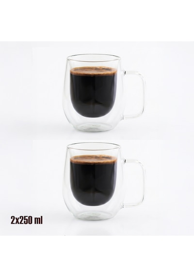 Porsima Pbt-323 Çift Cidarlı 2li Cam Kupa Çay Kahve Kupası Isı Yalıtımlı Kulplu Cam Bardak Seti 250 Ml Cam - Şeffaf