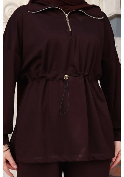 Balenbi Kadın Oversize Kesim Fermuarlı Yaka Bel Stoperli Modal Takım 1234 Kahverengi