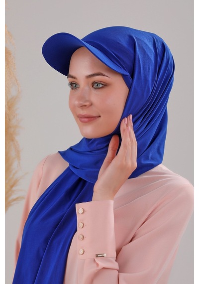 Melodi Scarf Kadın Tesettür Şapkalı Boneli Hazır Şal Saks Mavisi Saks Mavisi