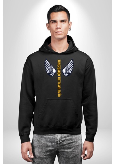 Uçan Hayaller Gökyüzünde Melek Kanatları Kadın Erkek Siyah Kapüşonlu Sweatshirt Hoodie Siyah