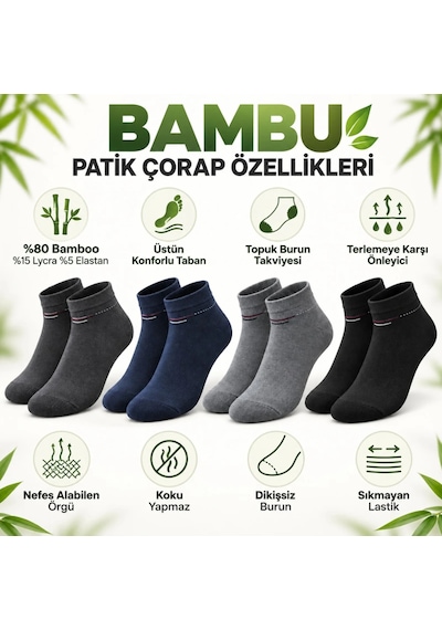 Genel Erkek Bambu Patik Çorap 4'lü Set Yumuşak Dikişsiz Nefes Alan Sıkmayan Çok Renkli / 39-44 / 4 Adet Genel Erkek Bambu Patik Çorap 4'lü Set Yumuşak Dikişsiz Nefes Alan Sıkmayan Çok Renkli / 39-44 / 4 Adet