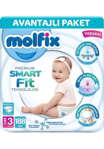 Molfix Premium Smart Fit Bebek Bezi Midi 3 No 188 Li PKT.MOLFIX.113 3 Numara