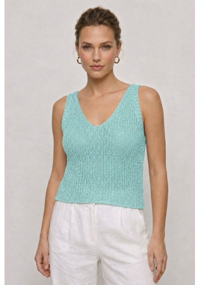 Neden Tekstil Twist Knot Detaylı Premium Kadın Triko Bluz V Yaka Örgü Dokulu Şık Crop Tasarım - Turkuaz