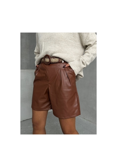 Verymoda Kemerli Deri Şort F1497 Taba