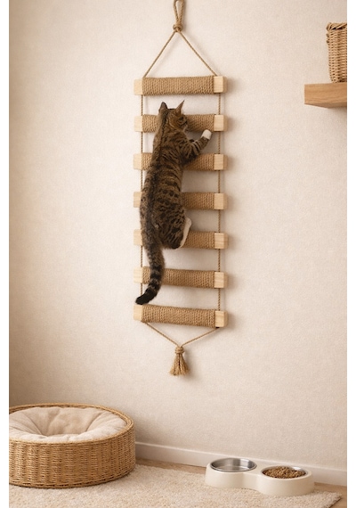 Ahşap Kedi Tırmanma Merdiveni Ve Duvar Köprüsü - Jüt İpli, 7 Basamak, 75 Cm