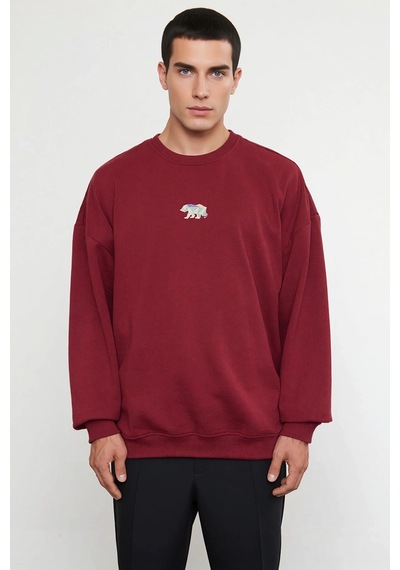 Benerly Erkek Bisiklet Yaka Standart Kol Oversize Fit Sweatshirt Fonksiyo Bordo