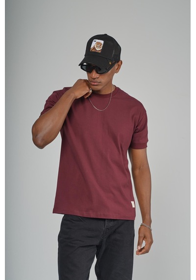 King Brich Slim Fit Kalıp Kolu Ribanalı Basic Pamuklu Tişört Bordo