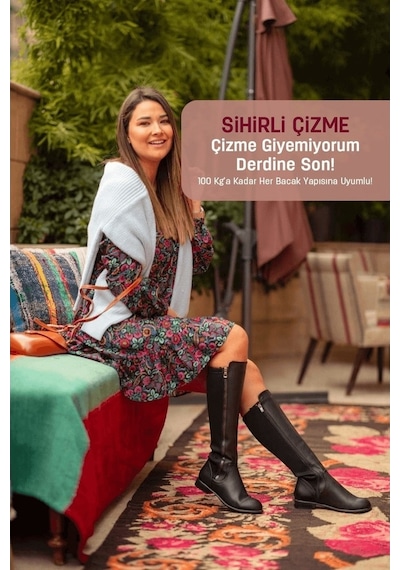 Ince Taban Fermuar Detayli Sihirli Çizme Siyah