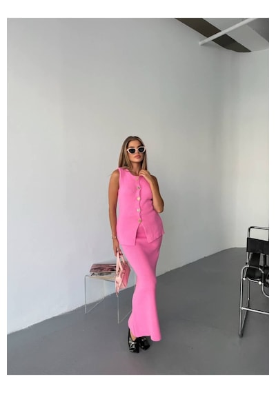 Kechi Woman Gold Aksesuarlı Etekli Triko Takım Pembe
