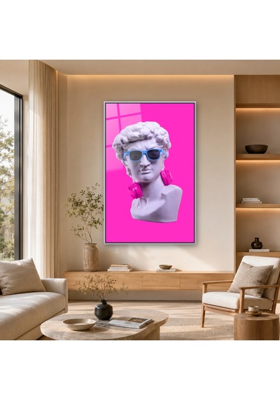 Gözlüklü Ve Kulaklıklı Pop Art Büst Gümüş Çerçeveli Cam Tablo