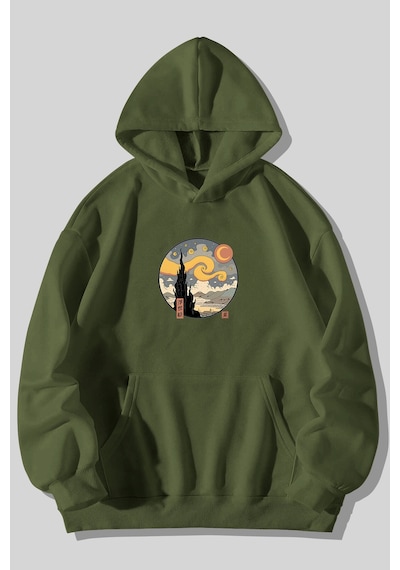 Harmandar Üç İplik Yıldızlı Gece Baskılı Unisex Çimen Kanguru Cepli Kapüşonlu Sweatshirt Hoodie Çimen