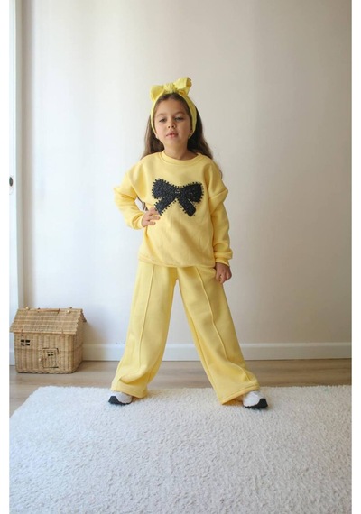 Jeliboomkidswear Boncuklu Fiyonk İşlemeli Kız 2 Li Takım Sarı