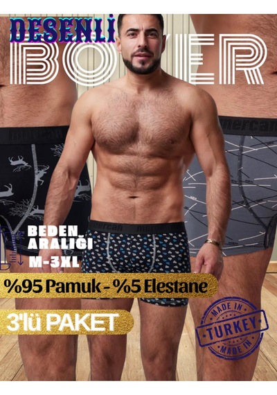 Mercan Boxer Piramit-geyik-men Desenli 3'lü Paket, Yüksek Kalite Çok Renkli