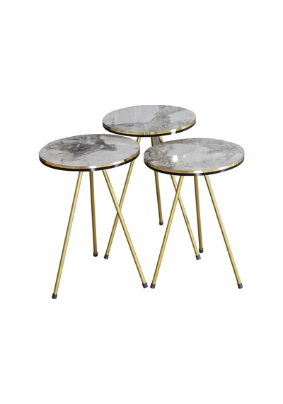 Zigon Sehpa Ve Orta Sehpa Kr Set Çift Gold Metal Beyaz Mermer Desen