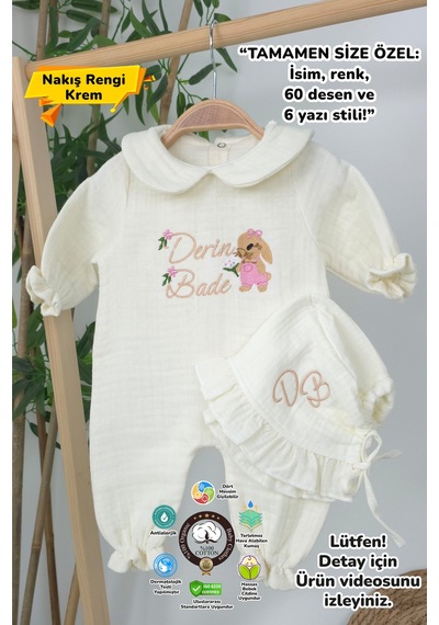 Gros Shop Müslin Yeni Doğan 4katlı Organik %100pamuk Kişiye Özgü Nakışlı Hastane Çıkış Seti Tavşan Model-3 Ekru-5
