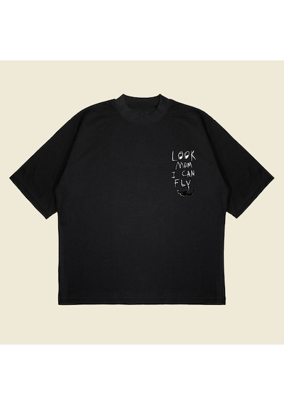 Startmore Look Mom I Can Fly Boxy Fit Oversize Unisex Tshirt Baskılı Tişört Siyah