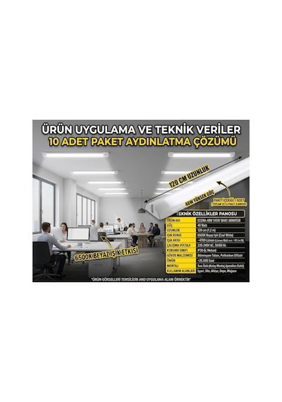 10 Adet -48w 120cm Led Lineer Bant Armatür Beyaz Işık Otopark Mağaza Ofis Aydınlatma Flöresan,yatay Bant Armatür 6500k Beyaz Işık Sıva Üstü Tavan Aydınlatması