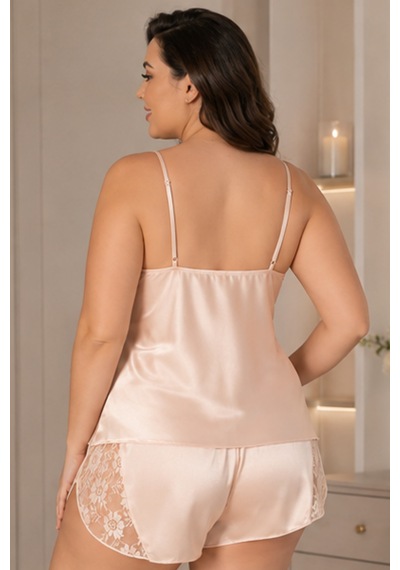 Loule Büyük Beden Somon Geniş Dantelli Saten Şortlu Pijama Takımı
