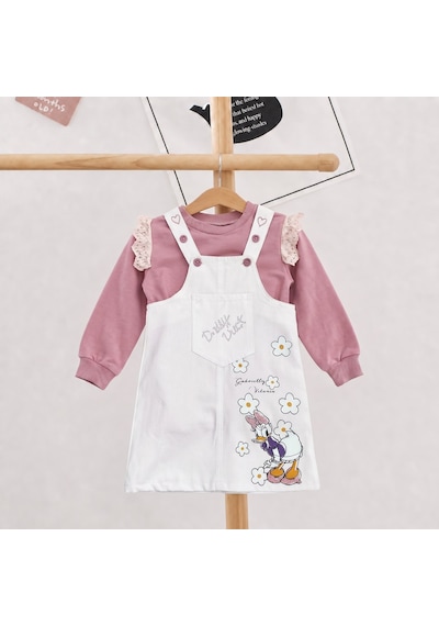 Nota Kids Kız Çocuk Çiçek Baskılı Gabardin Jile Elbise Takımı Dantel Detaylı Sweatshirtlü 2'li Takım Beyaz