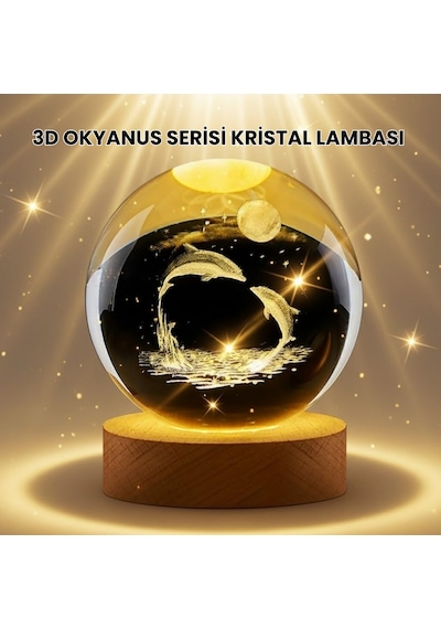 Lazer İşlemeli Yunus Kristal Küre Sıcak Işıklı Ahşap Standlı Standart