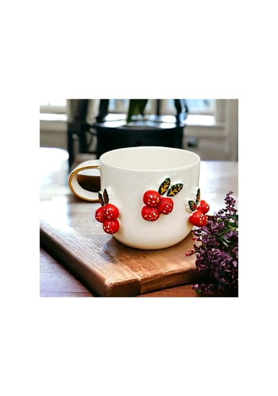 24 Ayar Altın Detaylı Kokina Kabartmalı El Yapımı Mug Cochina Christmas 300 Ml Beyaz - Çok Renkli
