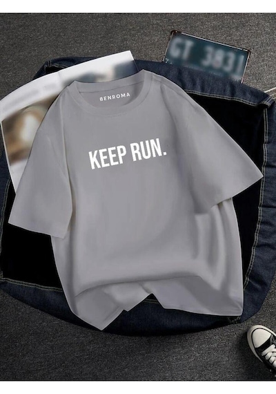 Oversıze Keep Run Baskılı Unısex Tisort Baskılı Gri