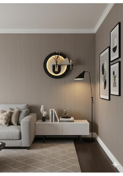 Primula Ahşap Pilli Ledli İskandinav Tarzı Salon Duvar Rafı Modern Çiçeklik 50 Cm Paris Grisi - Antrasit